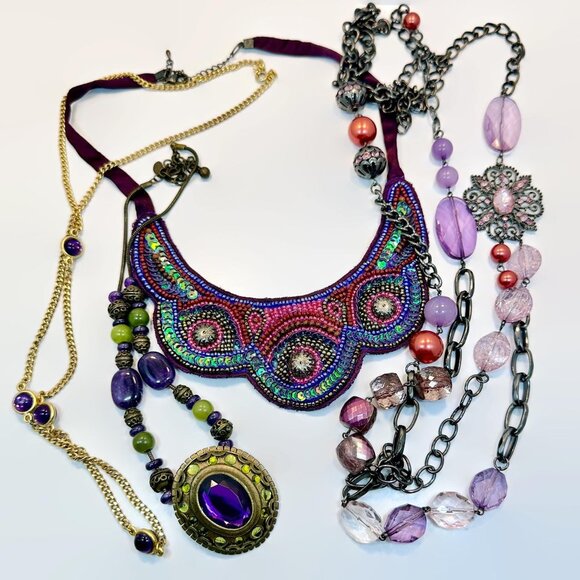 Vintage Layered Necklace Lot: Black Purple Boho Statement 4 Piece Purple Chicos - Picture 5 of 5